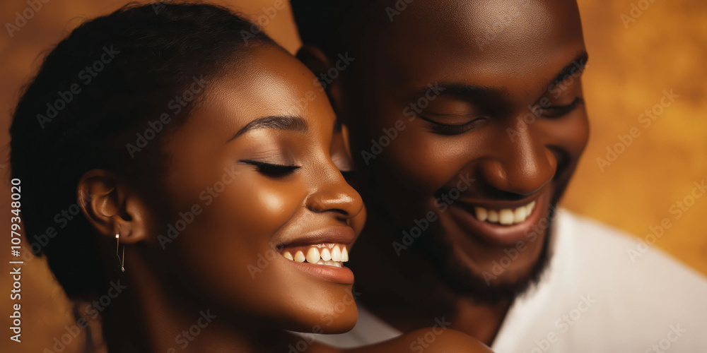 Joyful couple smiling together against warm golden background Joyful couple smiling together against warm golden background