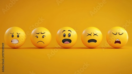 Five yellow emoji-like spheres with different facial expressions, placed in a row on a yellow background