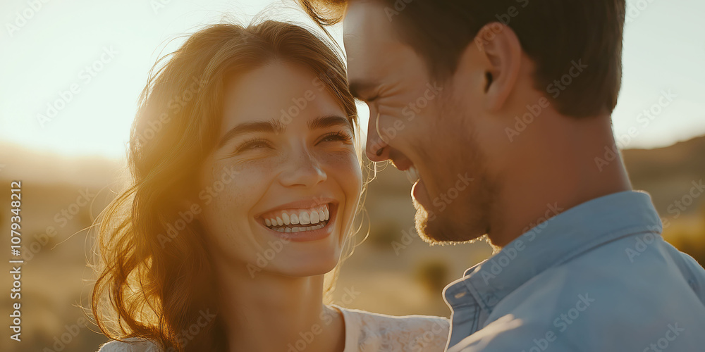Romantic sunset moment between smiling couple in golden light Romantic sunset moment between smiling couple in golden light