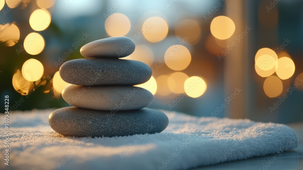 Hot stone therapy on towel with blurred background Hot stone therapy on towel with blurred background