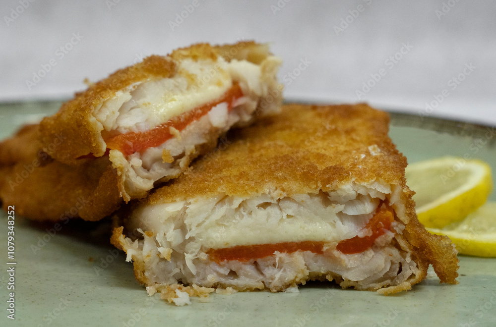 Mediterranean food. closeup view of a sliced battered hake filet stuffed with melted mozzarella cheese and red bell pepper Mediterranean food. closeup view of a sliced battered hake filet stuffed with melted mozzarella cheese and red bell pepper