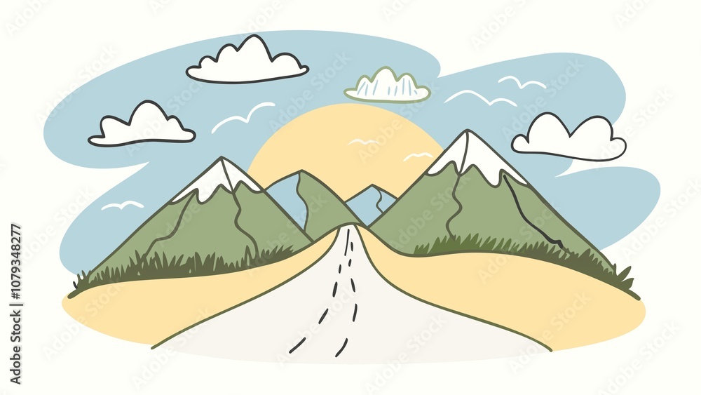Fantasy coloring page with mountain landscape, clouds, and sunset road in cartoon doodle style
Fantasy coloring page with mountain landscape, clouds, and sunset road in cartoon doodle style