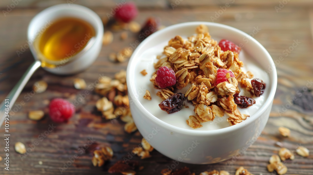 Healthy granola yogurt bowl topped with fresh raspberries and a drizzle of honey on a rustic wooden table Healthy granola yogurt bowl topped with fresh raspberries and a drizzle of honey on a rustic wooden table