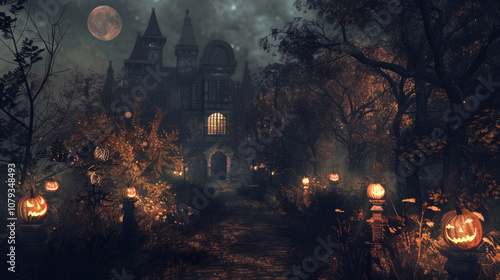 Haunted pathway leading to an eerie mansion surrounded by glowing jack-o'-lanterns on a misty Halloween night