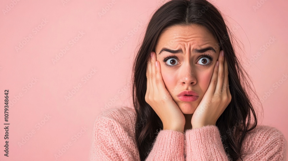 A young woman with a surprised and slightly worried expression, wearing a pink knitted sweater, with dark hair, against a pink background A young woman with a surprised and slightly worried expression, wearing a pink knitted sweater, with dark hair, against a pink background