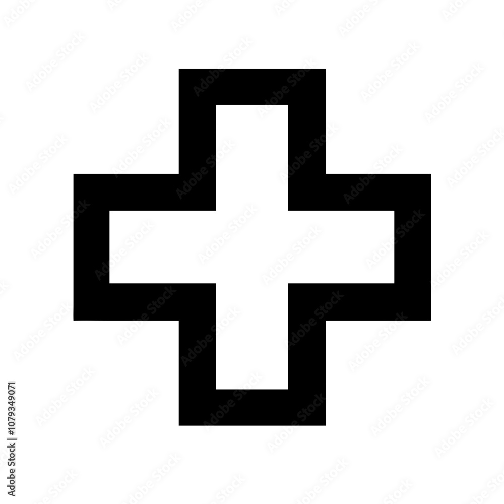 Simple black and white vector icon of a medical cross symbol used in healthcare contexts to represent aid, emergency services, and health facilities in modern design Simple black and white vector icon of a medical cross symbol used in healthcare contexts to represent aid, emergency services, and health facilities in modern design