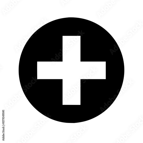Vector icon of a medical cross displayed within a circular black background commonly used in healthcare and emergency contexts for identification of medical services and aid