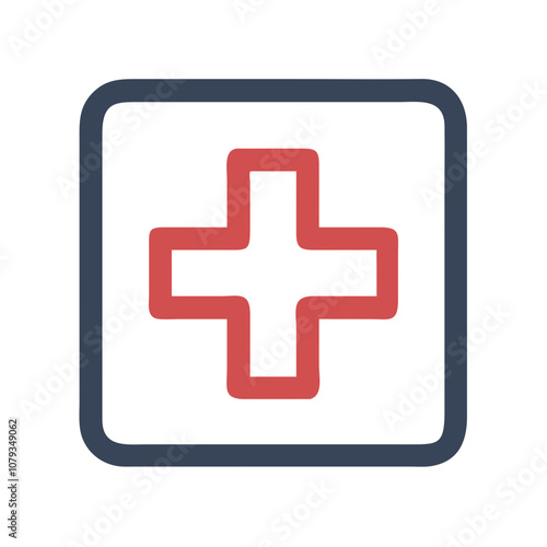 A red medical cross icon set within a square, symbolizing healthcare and emergency services, suitable for applications in medical contexts during any time of day