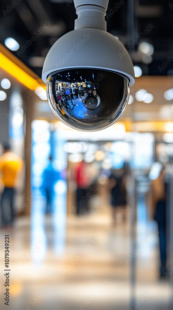Cctv dome camera filming customers walking in a blurred shopping center, concept of surveillance and security Cctv dome camera filming customers walking in a blurred shopping center, concept of surveillance and security