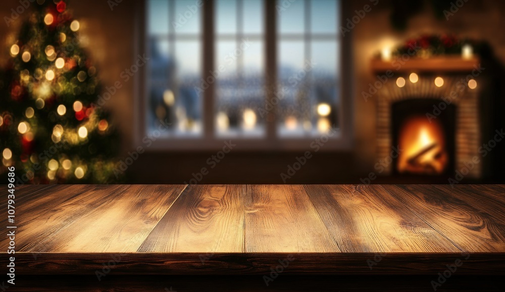 Christmas background with a wooden table top and a blurred Christmas tree, fireplace, and window with bokeh lights in the room interior Generative AI Christmas background with a wooden table top and a blurred Christmas tree, fireplace, and window with bokeh lights in the room interior Generative AI