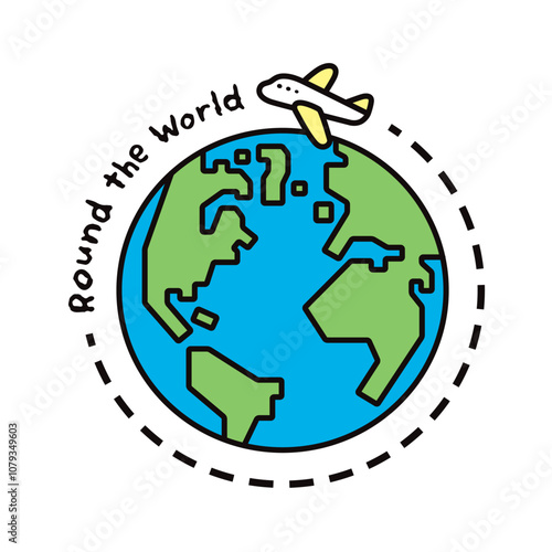 Round the Worldの文字と、飛行機と地球のイラスト