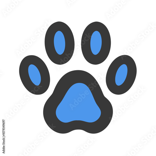 Stylized vector icon of a paw print featuring a blue center and black outline, symbolizing pets and animal care in digital design contexts for various applications