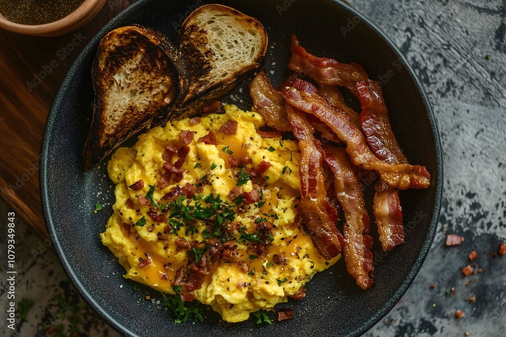 Aerial view of a breakfast plate with scrambled eggs, strips of crispy bacon and toasted toast bread Aerial view of a breakfast plate with scrambled eggs, strips of crispy bacon and toasted toast bread