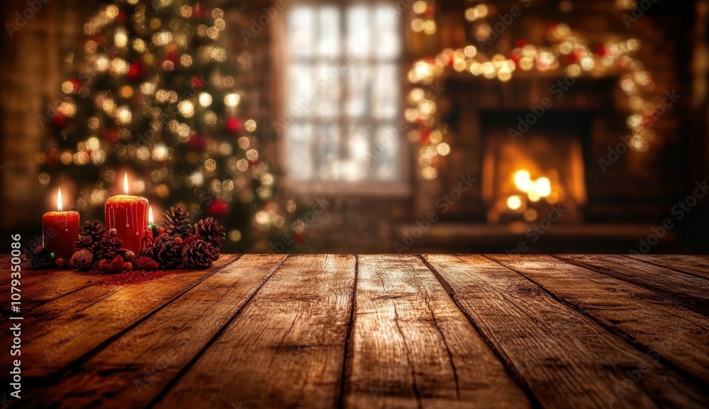 Christmas background with a wooden table top and a blurred interior room decorated for the holidays, including a Christmas tree, fireplace, garland lights, and bokeh light in the window Generative AI Christmas background with a wooden table top and a blurred interior room decorated for the holidays, including a Christmas tree, fireplace, garland lights, and bokeh light in the window Generative AI