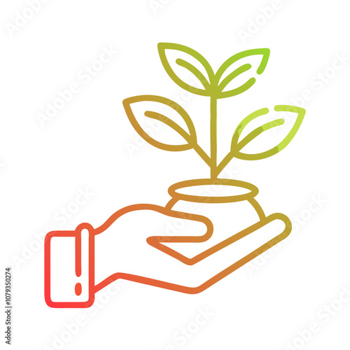 A vibrant vector icon depicting plant care, showcasing a hand gently holding a small pot with a growing green plant, perfect for gardening themes in digital design projects