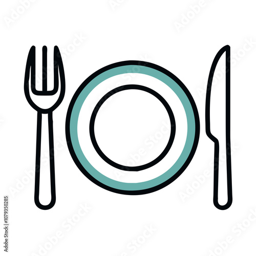 Vector icon featuring a plate along with a knife and fork designed for culinary themes, dining settings, or restaurant applications emphasizing a simple, clean aesthetic