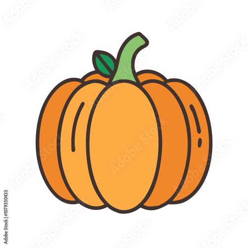 A colorful vector icon of an orange pumpkin featuring green leaves, perfect for autumn themes, harvest festivals, and Halloween decorations