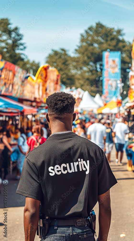 Security guard ensuring safety and order at a bustling amusement park on a sunny day Security guard ensuring safety and order at a bustling amusement park on a sunny day