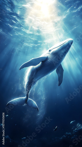 Majestic Whale Swimming Through Sunlit Ocean Waters Illuminated by Gentle Sun Rays