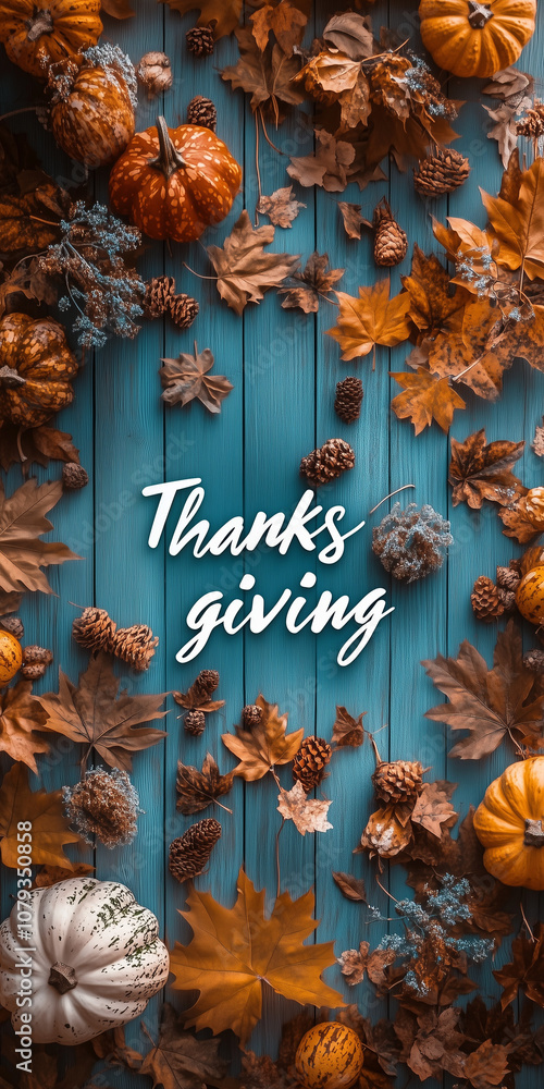 A simple yet elegant background for 'THANKSGIVING' with autumn leaves and pumpkins, set against a dark blue wood grain texture. A simple yet elegant background for 'THANKSGIVING' with autumn leaves and pumpkins, set against a dark blue wood grain texture.