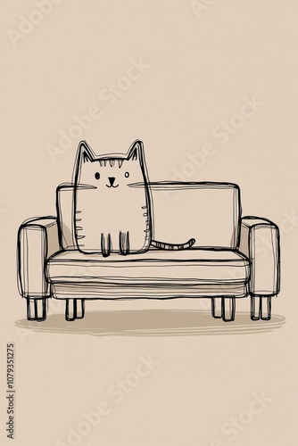Minimalist Line Art of a Curious Cat Sitting on a Sofa in a Modern Style