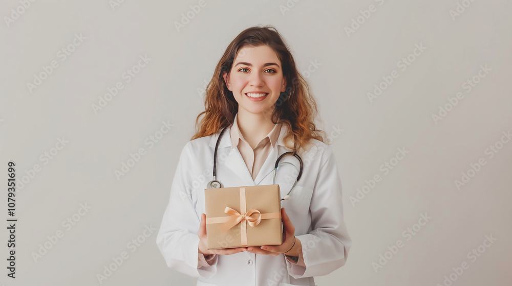 Medical promo, female doctor holding a gift box Medical promo, female doctor holding a gift box