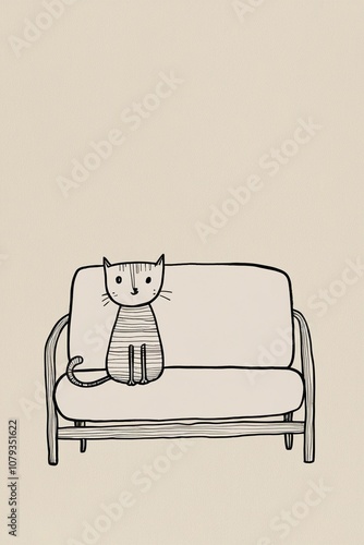 Whimsical Cat Illustration on a Couch, Featuring Simple Black Line Design