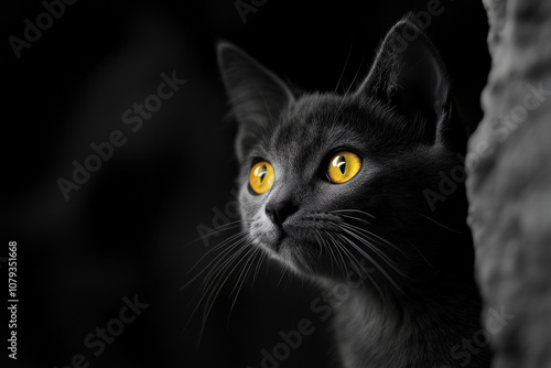 A curious gray cat with striking yellow eyes gazes thoughtfully