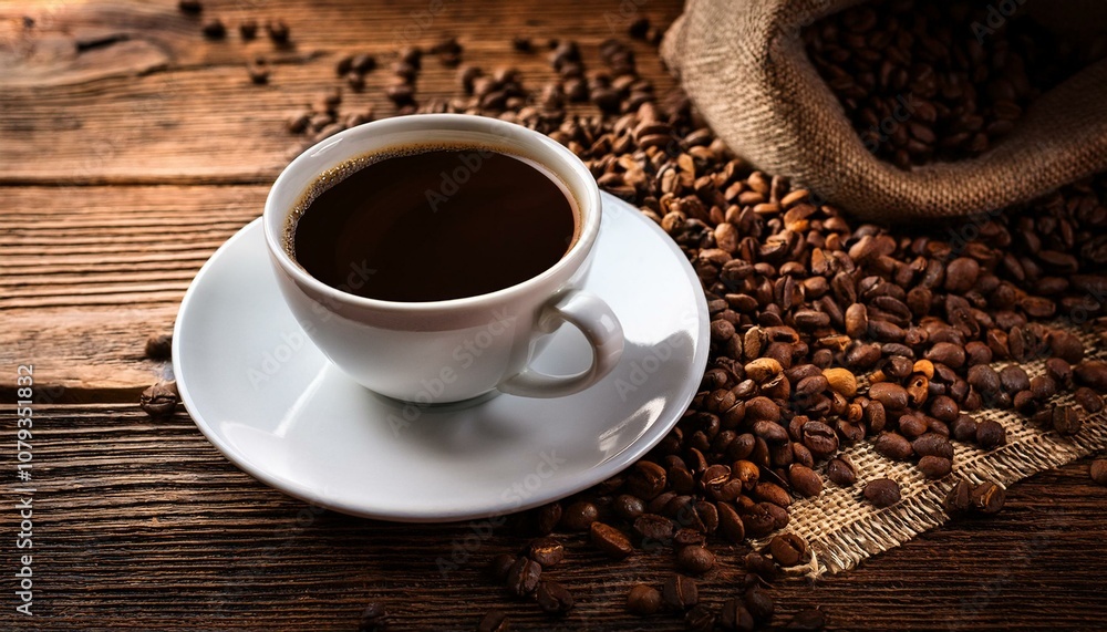 古い木製テーブルに置かれたコーヒーカップに入ったコーヒーとコーヒー豆(Coffee and coffee beans in a coffee cup on an old wooden table)
古い木製テーブルに置かれたコーヒーカップに入ったコーヒーとコーヒー豆(Coffee and coffee beans in a coffee cup on an old wooden table)