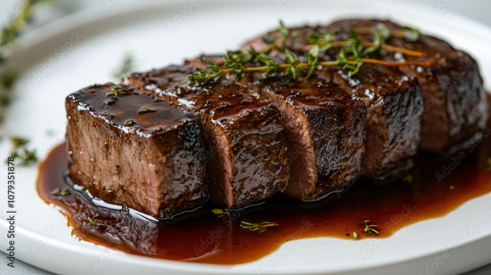 Juicy grilled steak with herbs and sauce on a plate. Juicy grilled steak with herbs and sauce on a plate.