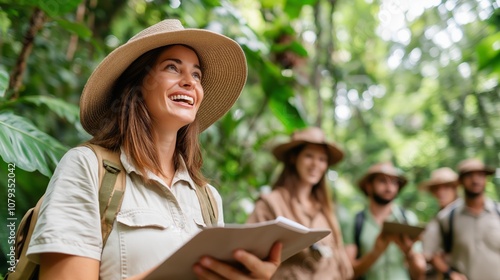 Fototapeta Naklejka Na Ścianę i Meble -  Smiling Female Explorer Leading Group on Jungle Adventure Tour in Lush Greenery