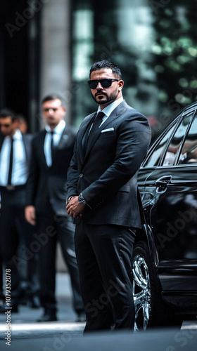 Bodyguard protecting a high-profile individual near a high-end vehicle, offering close security in a high-stakes setting