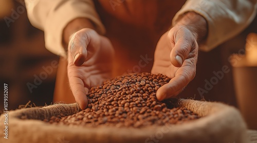 Artisan Hands Holding Freshly Roasted Coffee Beans in Burlap Sack