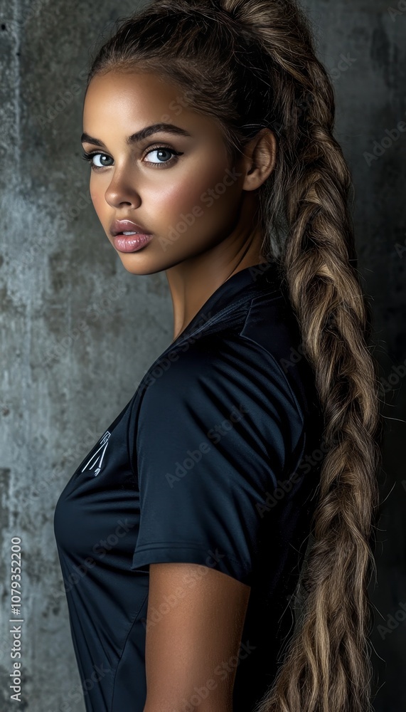 Portrait of a Fit and Beautiful Young Woman with Long, Braided Hair Against Textured Background Portrait of a Fit and Beautiful Young Woman with Long, Braided Hair Against Textured Background