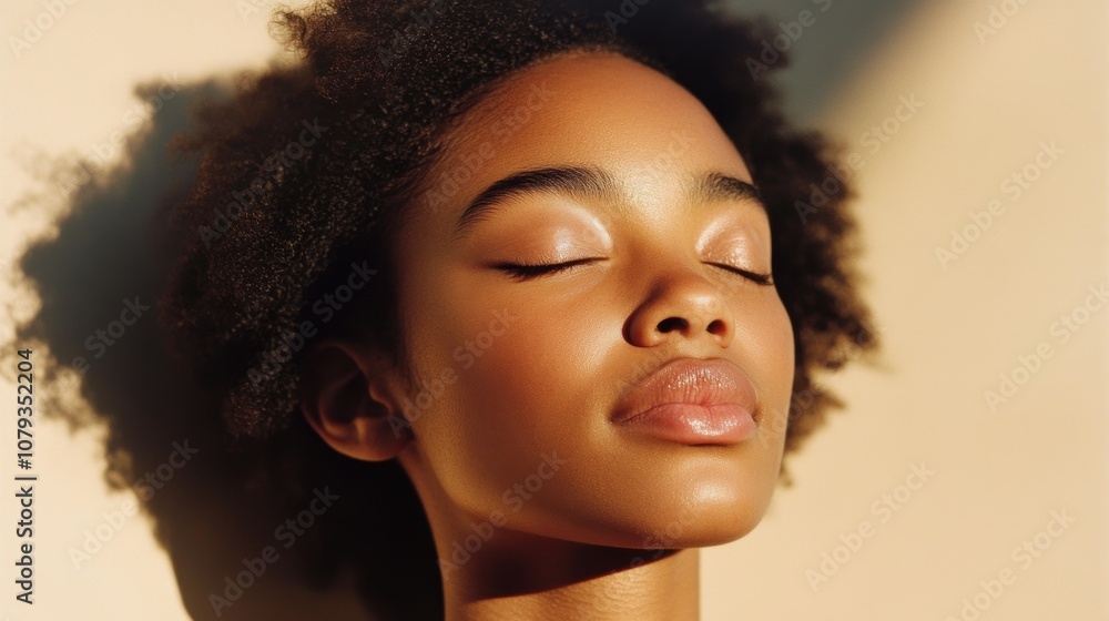 Close-up of a serene face with eyes gently closed, exuding peaceful energy and calm expression, soft shadows on relaxed features, with a minimalist neutral background, conveying tranquility Close-up of a serene face with eyes gently closed, exuding peaceful energy and calm expression, soft shadows on relaxed features, with a minimalist neutral background, conveying tranquility