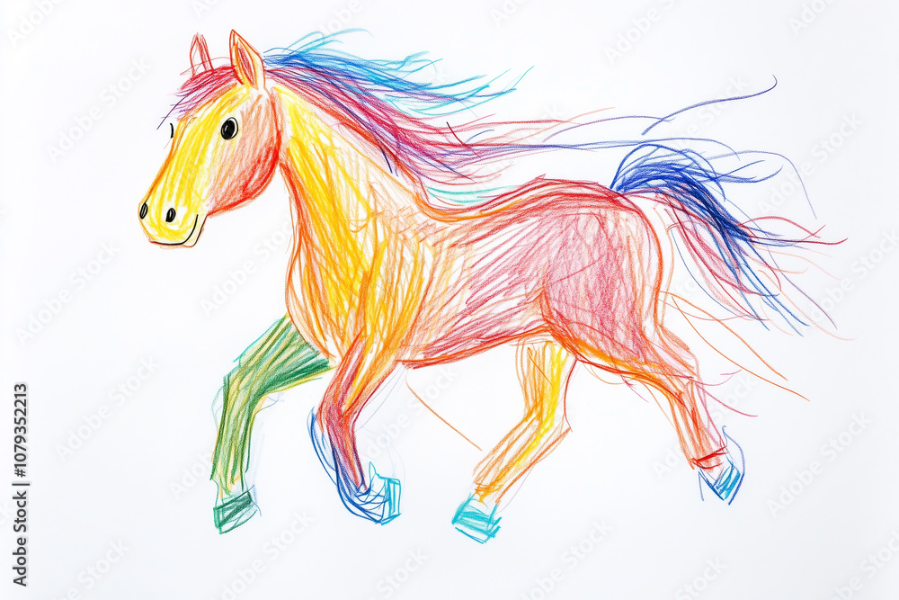 A lively crayon illustration of a horse in motion, featuring a vibrant mix of red, yellow, green, and blue colors with a flowing rainbow mane and tail A lively crayon illustration of a horse in motion, featuring a vibrant mix of red, yellow, green, and blue colors with a flowing rainbow mane and tail