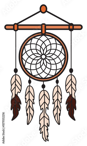 Bohemian Dream Catcher Vector Clip Art: A mystical dream catcher illustration with intricate web patterns and boho accents that inspire serenity.