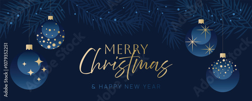 Merry Christmas dark blue background with gold and blue ornaments hanging from pine branches. Holiday greeting banner design for Christmas celebration.