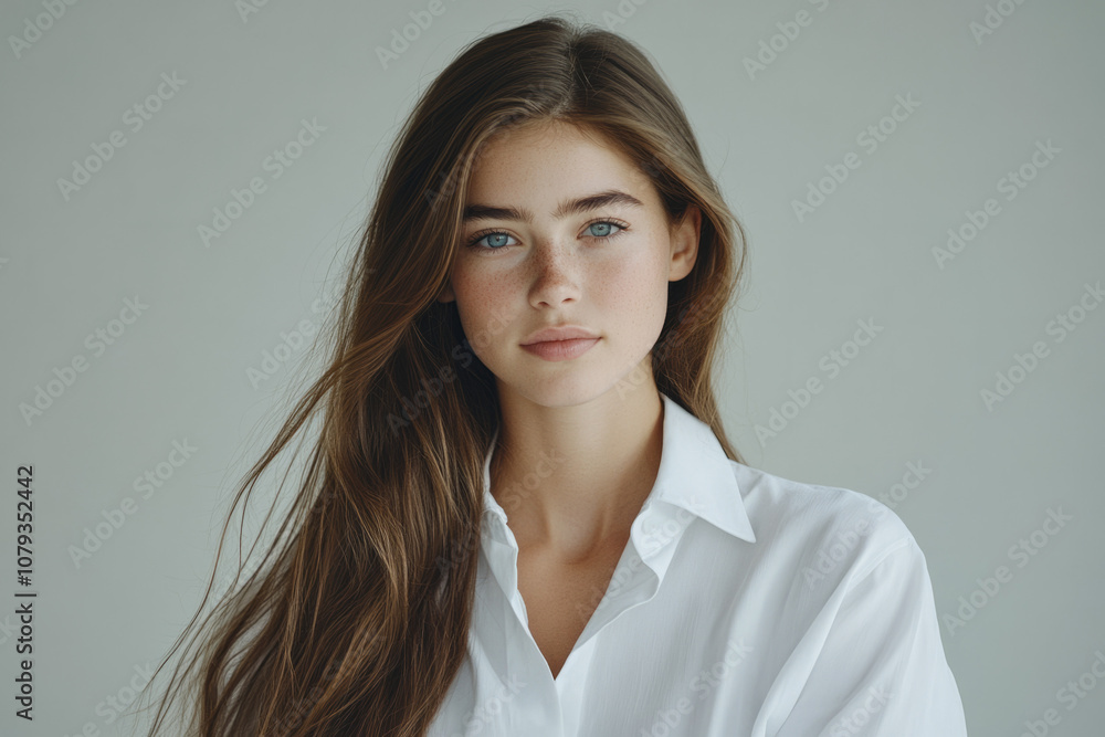 Young woman with long hair in a white shirt poses against a neutral backdrop Young woman with long hair in a white shirt poses against a neutral backdrop