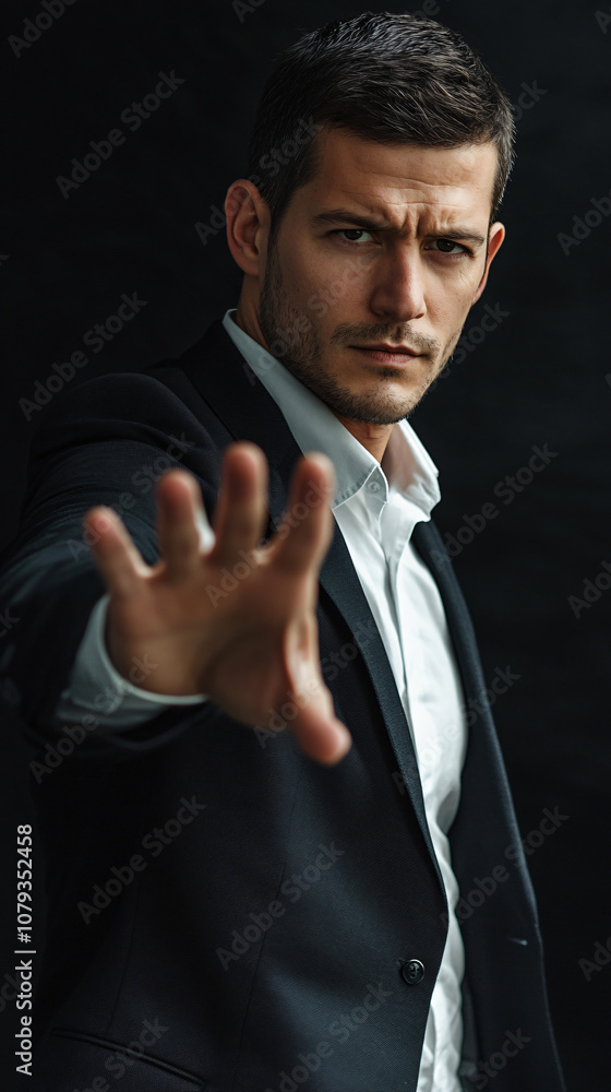Serious businessman making a stop sign with his hand, against a black background Serious businessman making a stop sign with his hand, against a black background