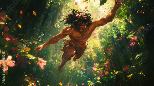 Tarzan in einem bunten Dschungel schwebend zwischen Pflanzen

