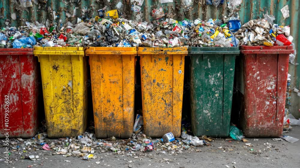 Overfilled recycling bins sit overflowing with trash on a city street