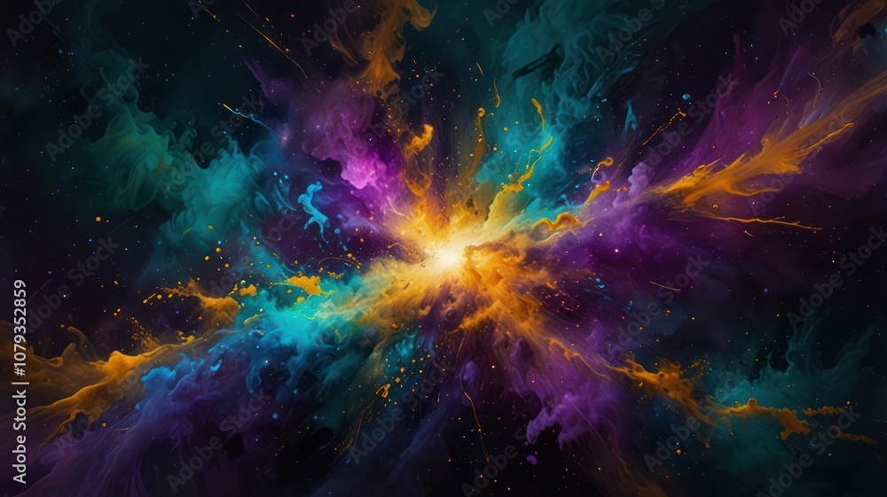 A vibrant explosion of colorful nebulae with a bright center against a black background. A vibrant explosion of colorful nebulae with a bright center against a black background.