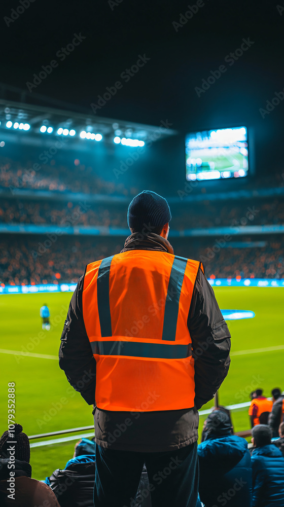 Security personnel in high-visibility vest overseeing crowded football game in well-lit stadium Security personnel in high-visibility vest overseeing crowded football game in well-lit stadium