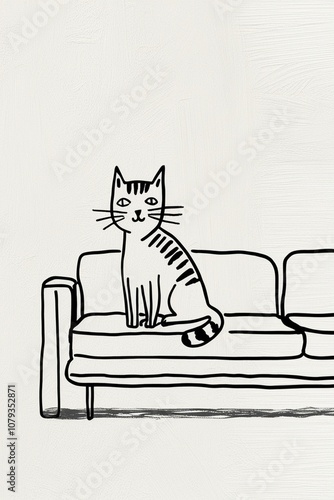 Hand-Drawn Cat on Sofa, Capturing Playful Whimsy in Minimalist Line Art