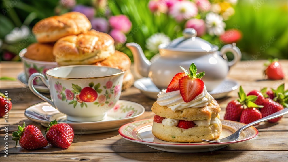 Scones with Clotted Cream and Strawberries in Garden Setting Scones with Clotted Cream and Strawberries in Garden Setting