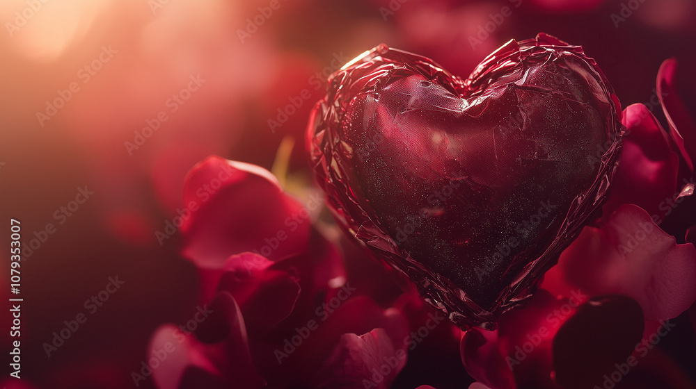 A heart-shaped object wrapped in foil surrounded by red rose petals. A heart-shaped object wrapped in foil surrounded by red rose petals.