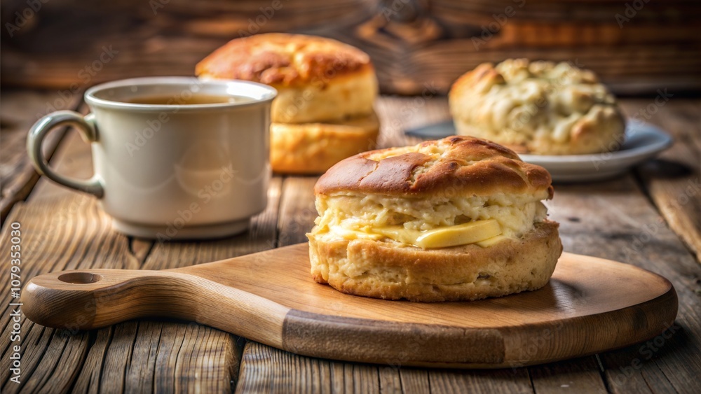 Buttered Scone with Cup of Tea on Wooden Board Buttered Scone with Cup of Tea on Wooden Board