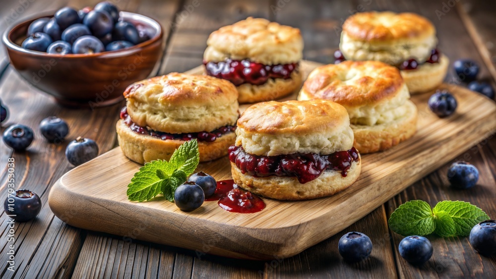 Scones with Berry Jam and Fresh Blueberries on Wooden Board Scones with Berry Jam and Fresh Blueberries on Wooden Board