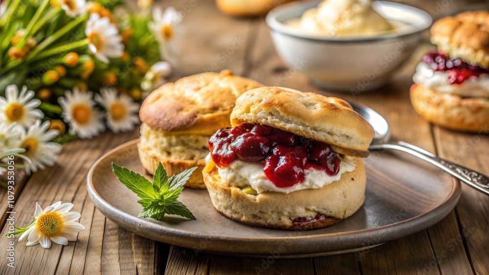 Scone with Clotted Cream and Jam with Wildflowers Scone with Clotted Cream and Jam with Wildflowers